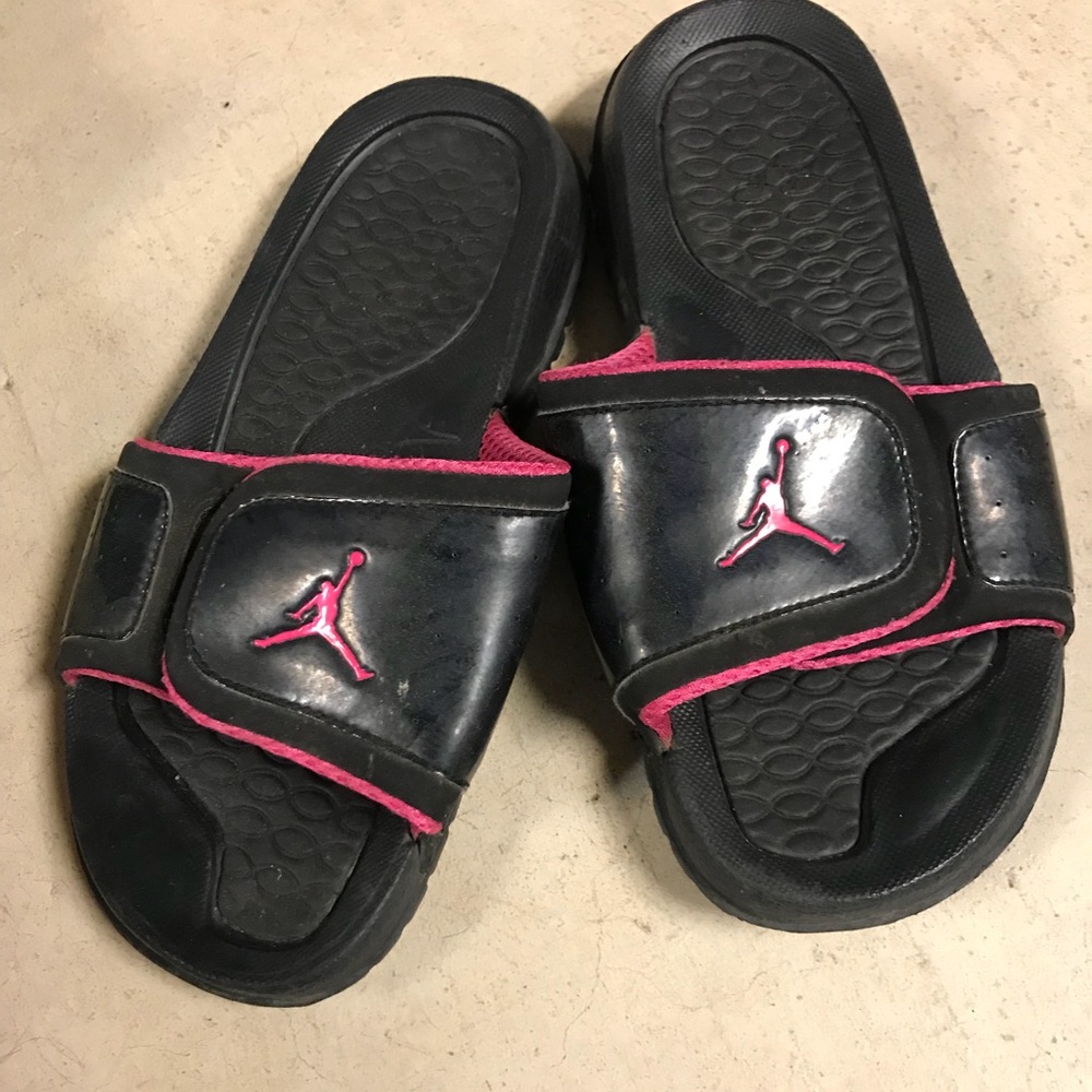 Pink and black sun changing jordan slides